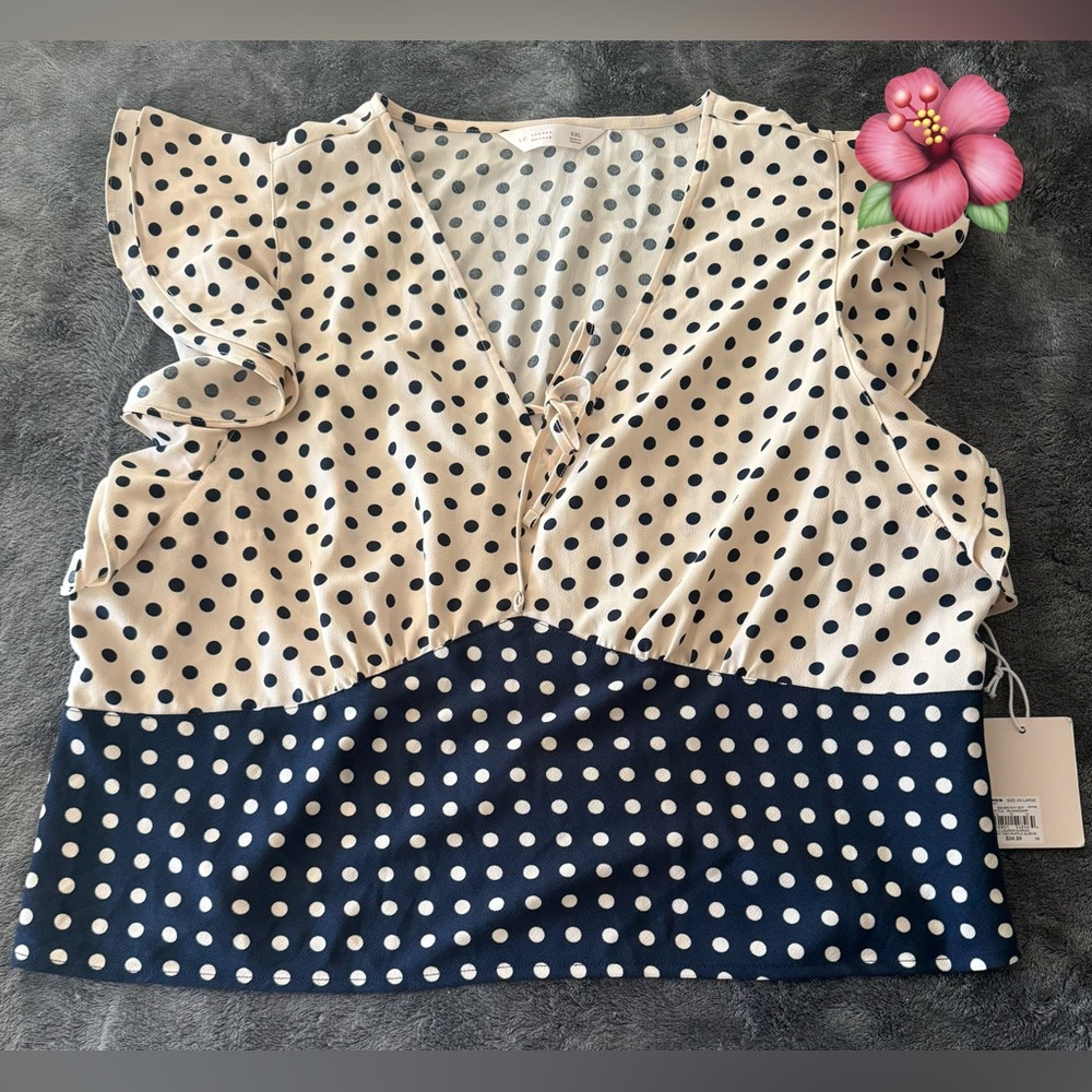 LC Lauren Conrad Navy and White Polka Dot Blouse